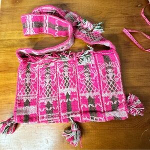 Vintage Hippie Bohemian Crossbody Bag Pink White Brown Festival Zip Top Tassels